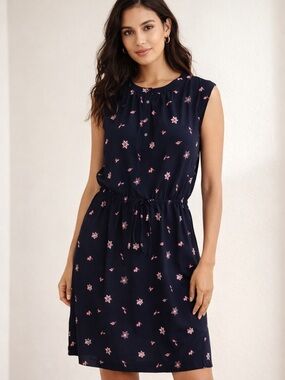 Ann Taylor LOFT Navy Dress with Pink Floral Motif Tie Waist